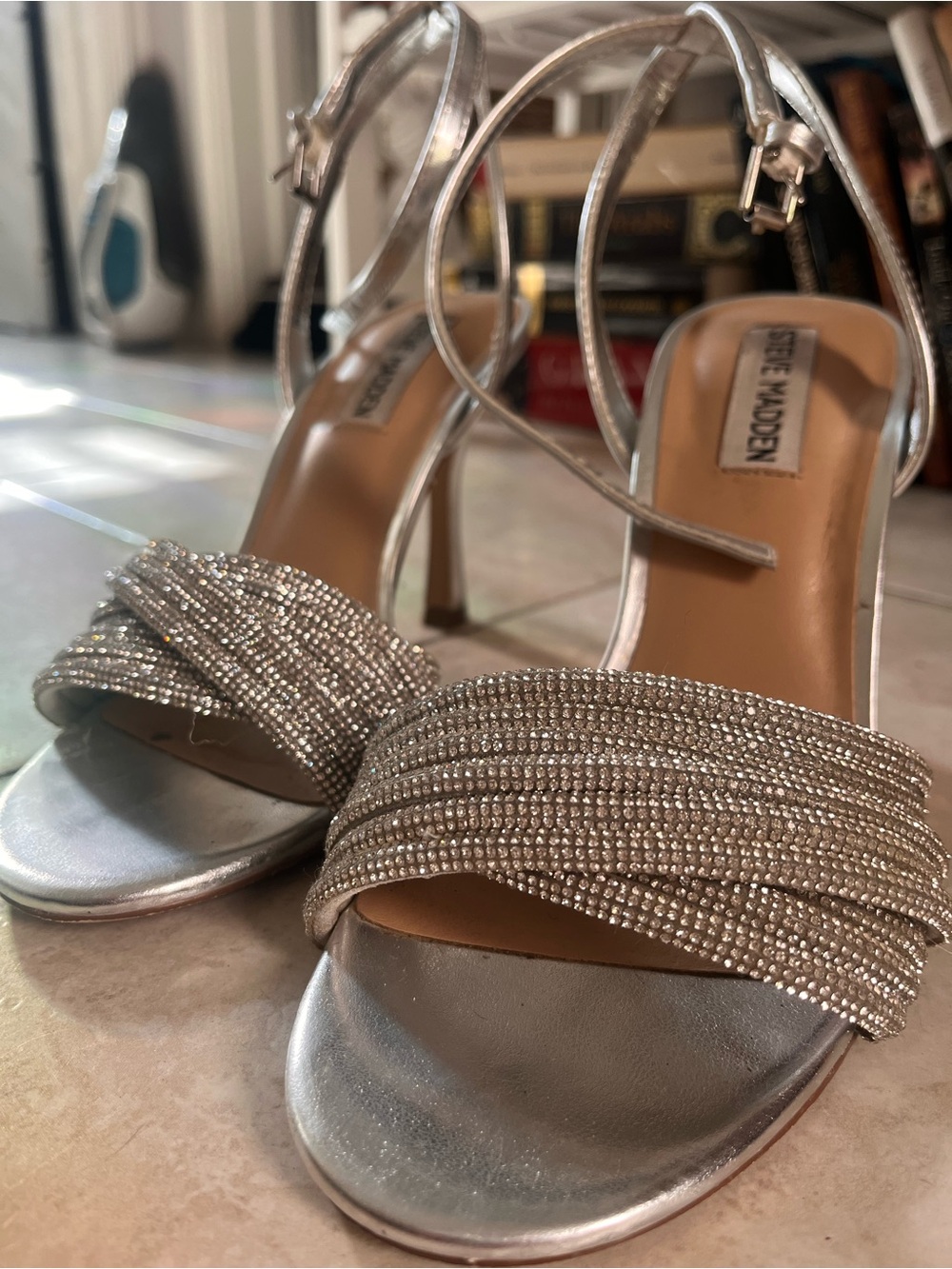 Steve Madden Silver Crystal-Strap Stiletto Sandals